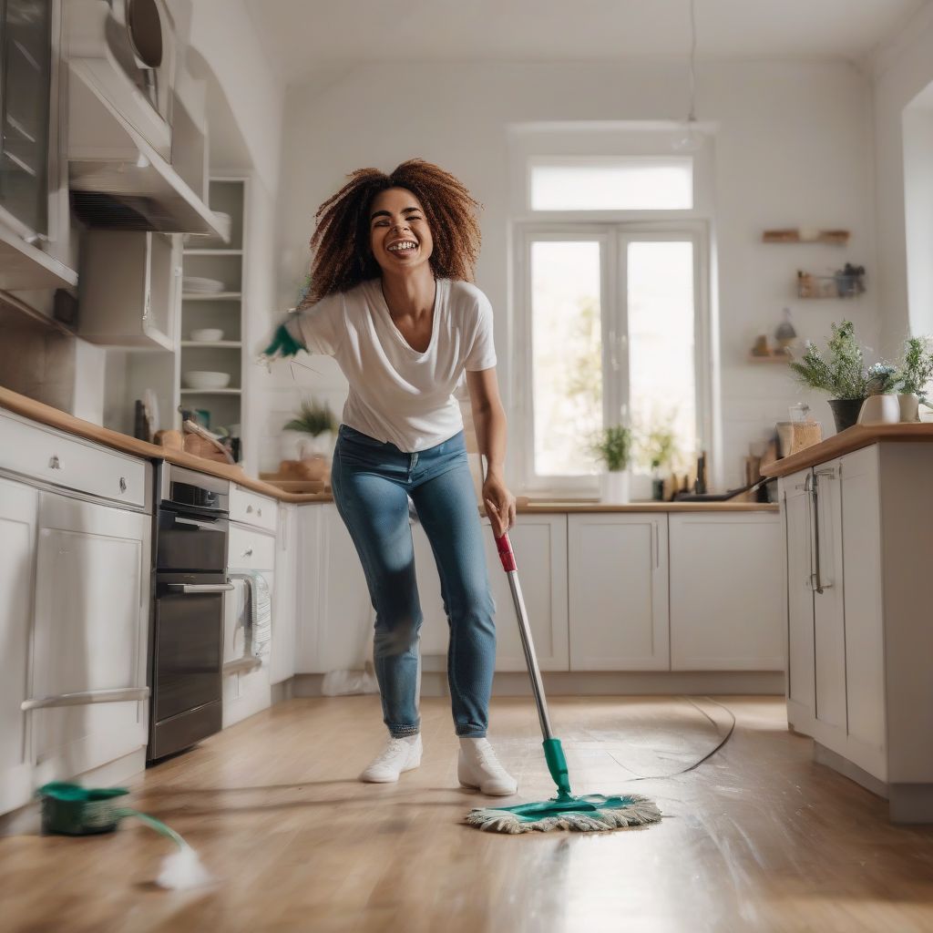 Woman happily cleaning the house